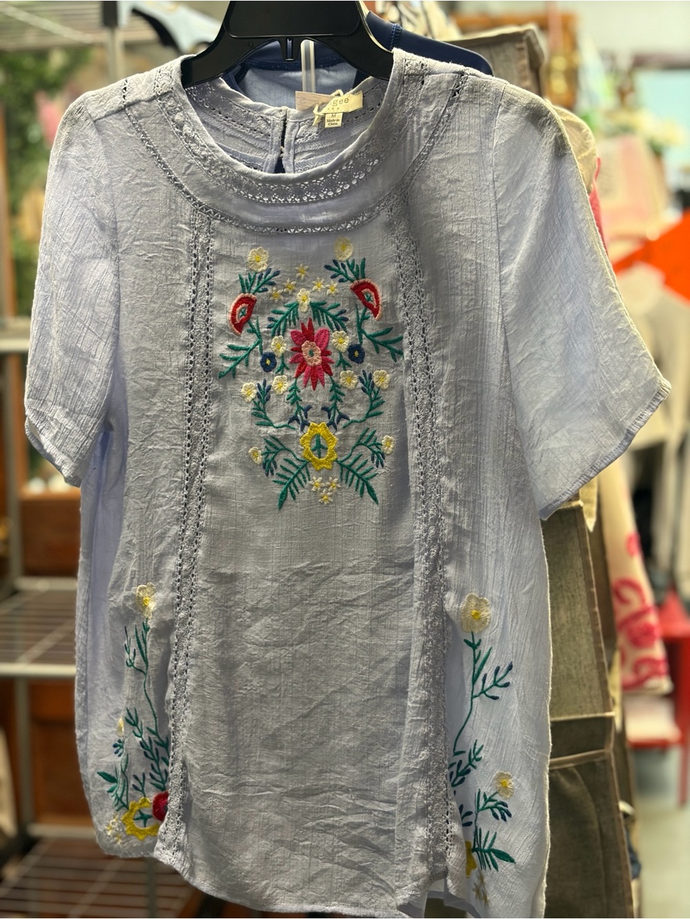 entro Light Blue Embroidered Floral Short Sleeve Blouse